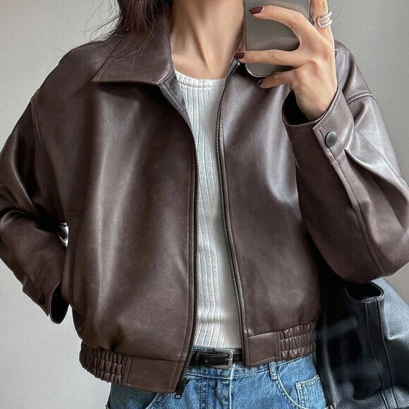 Brown Casual Womens Short faux Leather Jacket - Picture 4 of 7